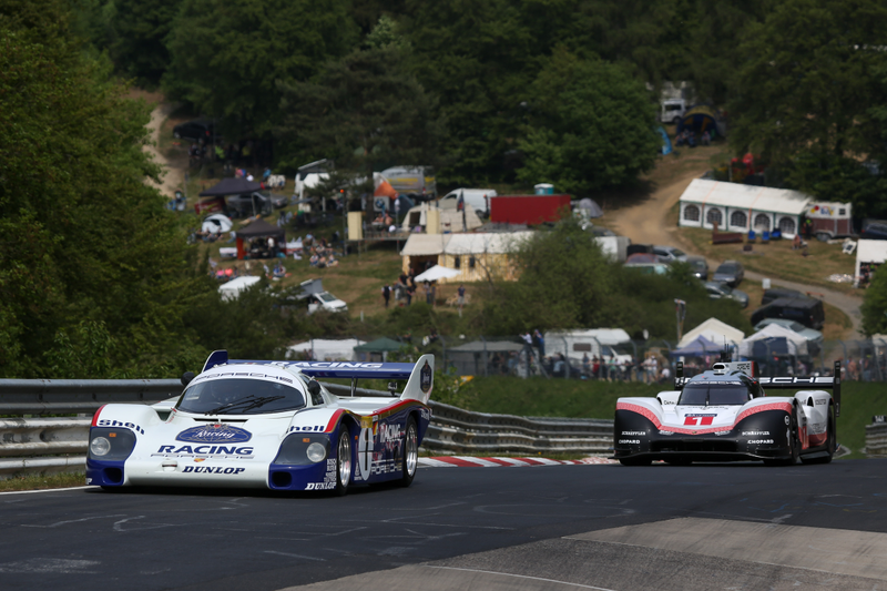 A 956C like Bellof’s leads the 919 Hybrid Evo on a parade lap at the Nürburgring 24 Hours this year.